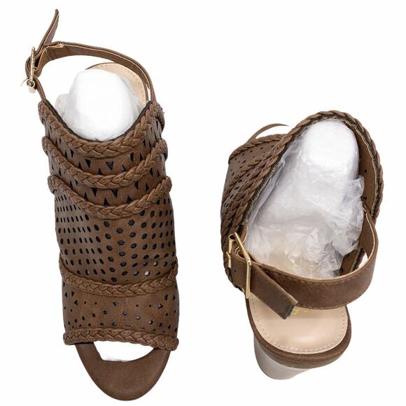 Brown Perforated Braided Peep Toe Block Heel Western Singback Sandals 7.5 - Picture 7 of 12